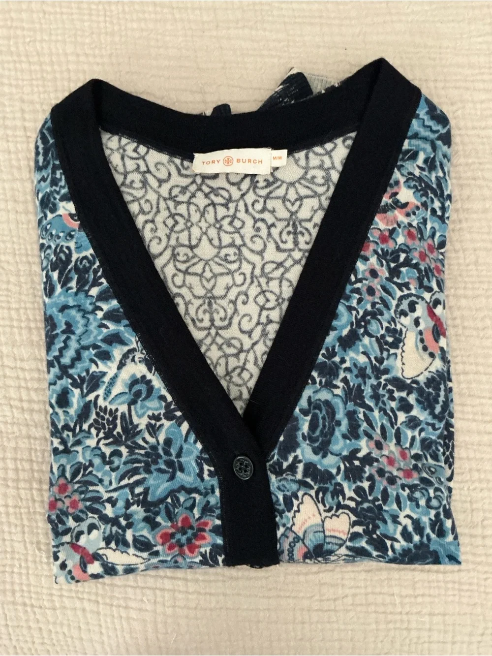 TORY BURCH Classic Blue Floral Mixed-Print V-Neck Cardigan Sz M